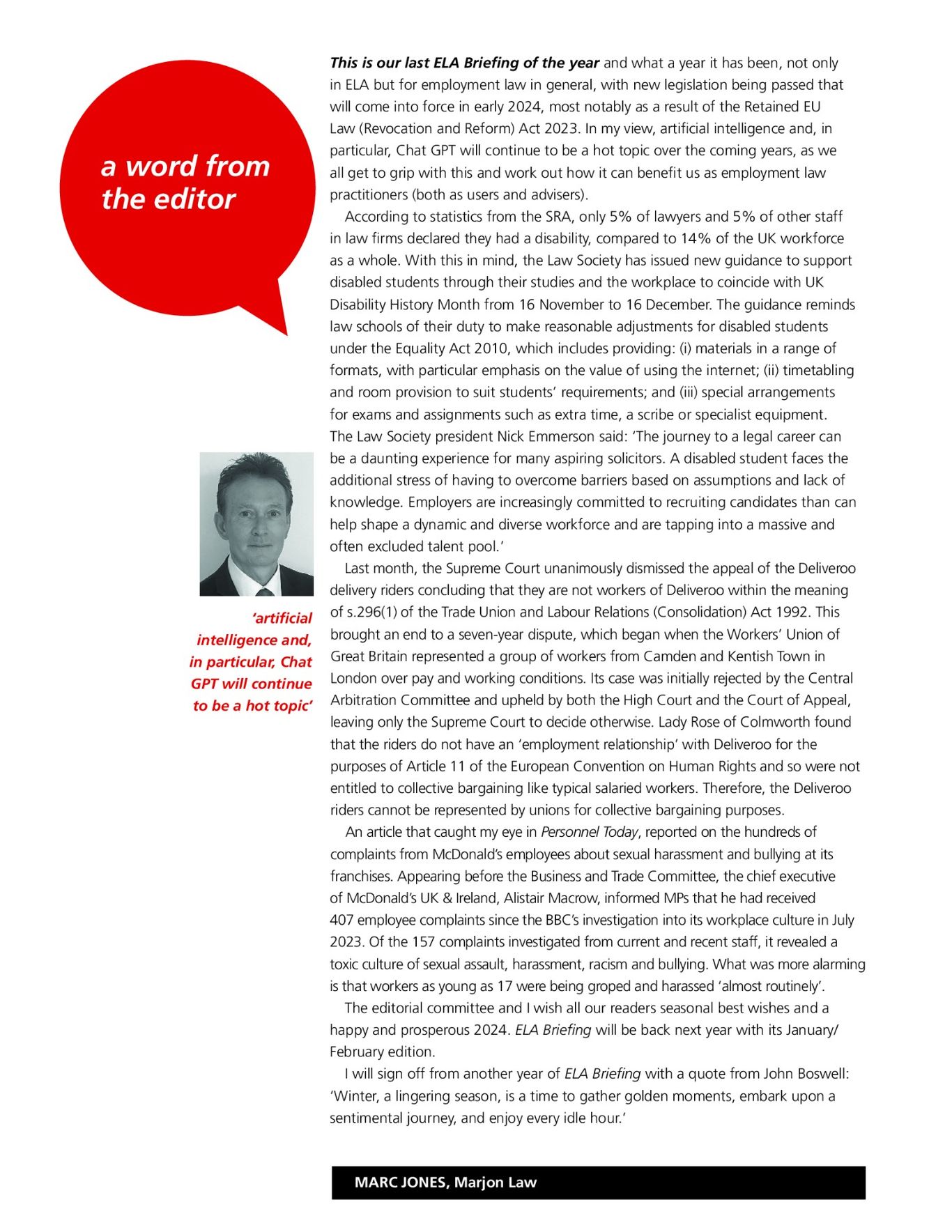 ELA Briefing - Editorial - December 2023