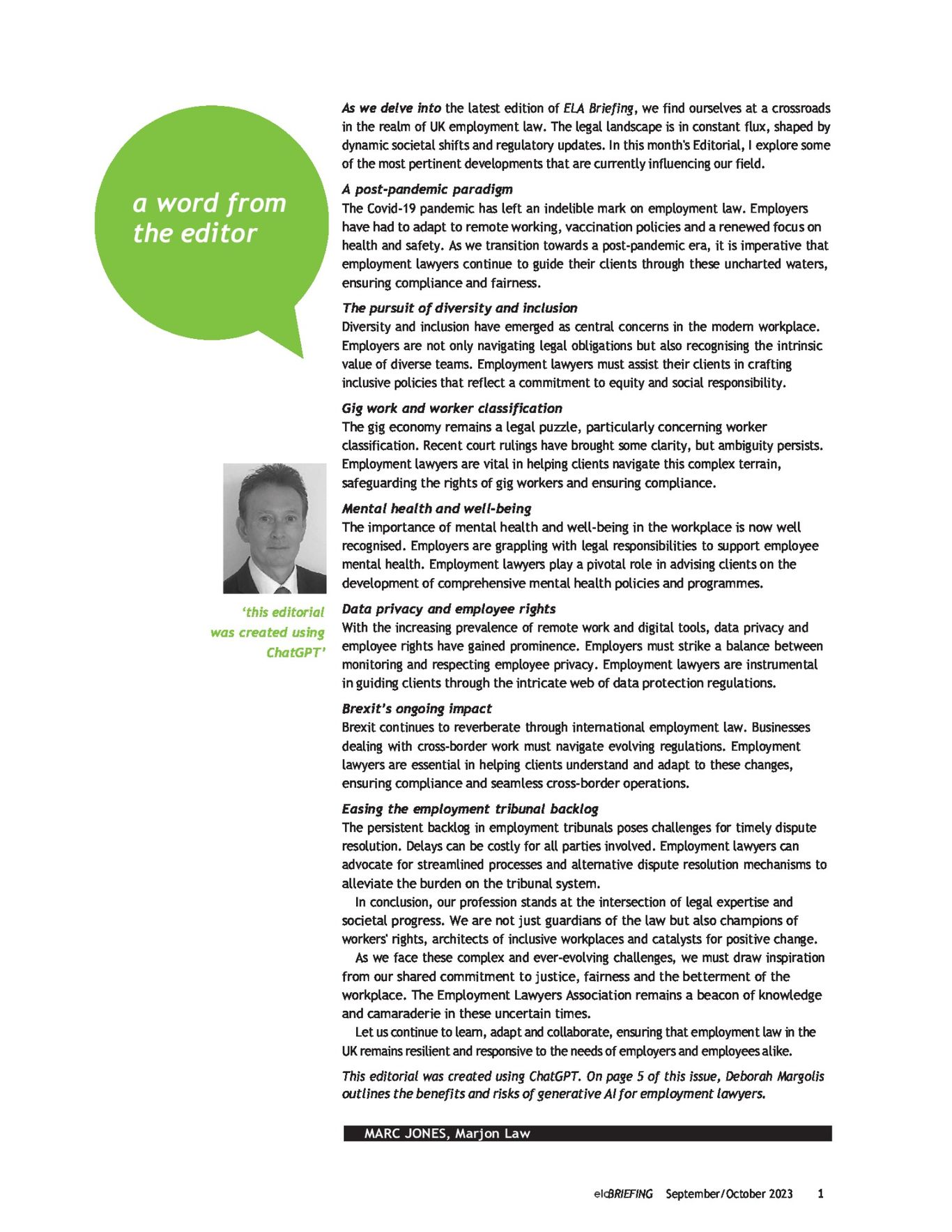 ELA Briefing - Editorial - September/October 2023